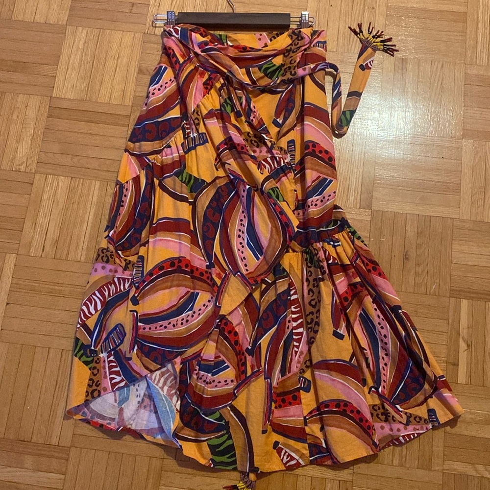Farm Rio Colorful Banana Print Wrap Midi Skirt